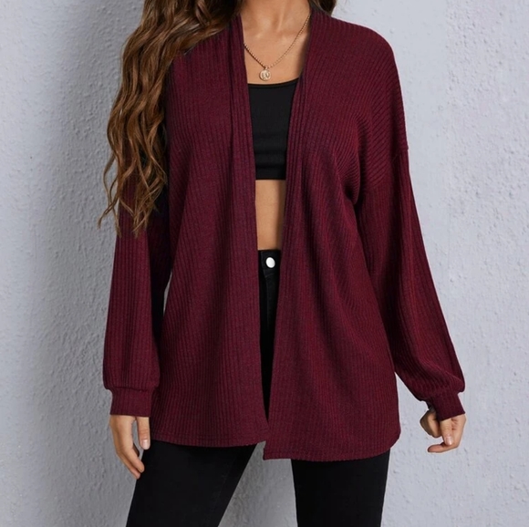 Open Front Lantern Sleeve Waffle Knit Cardigan - Picture 3 of 6